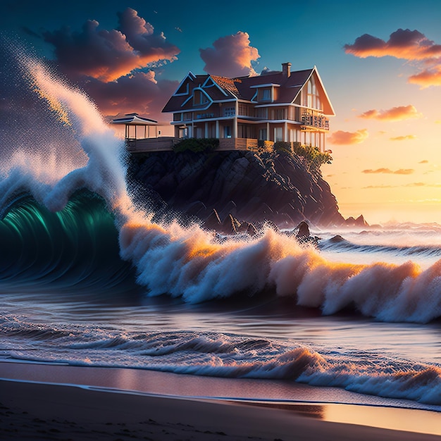 Ein Haus auf einer Klippe mit einer Welle, die darauf stürzt