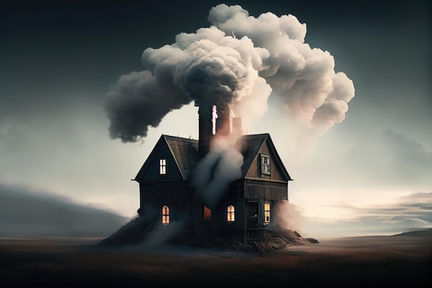 Ein Haus, aus dessen Schornstein Dampf aufsteigt und aus dem Rauch aufsteigt