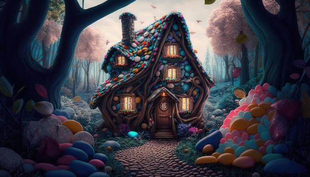 Ein Haus aus Süßigkeiten im verzauberten Wald der Fantasiewelt KI