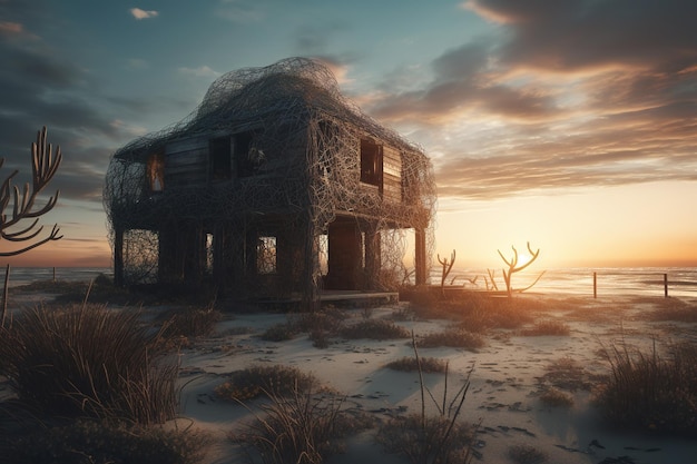 ein Haus, das direkt an einem Sandstrand liegt