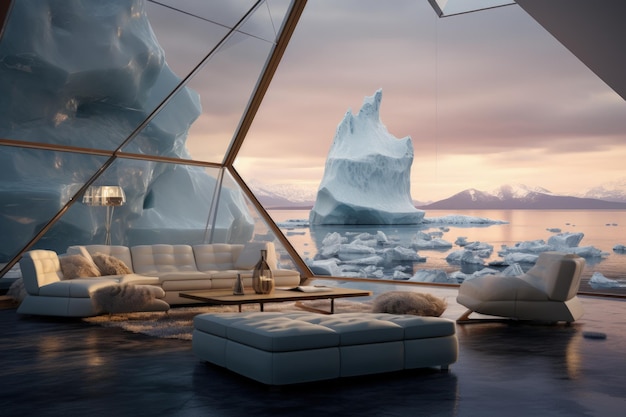Ein Haus der Zukunft, gebaut in einem Eisberg in der Antarktis. Innovatives Wohnhaus der Zukunft im antarktischen Eisberg, nachhaltiges Design und Isolation in der gefrorenen Wildnis