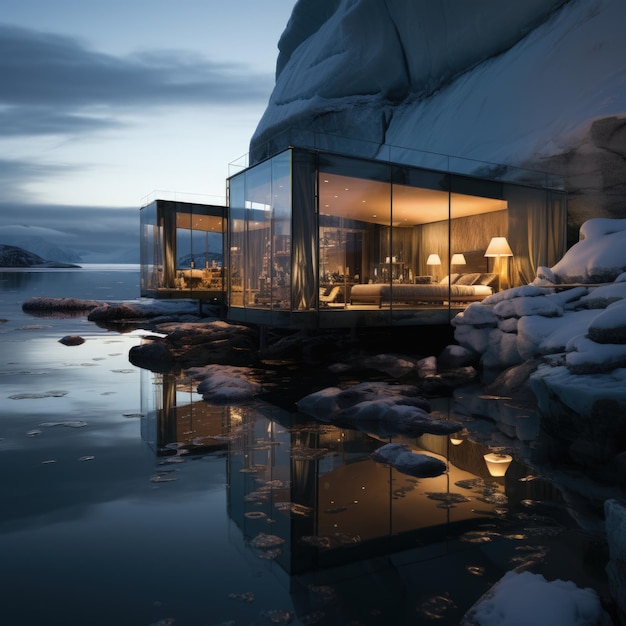 Ein Haus der Zukunft, gebaut in einem Eisberg in der Antarktis. Innovatives Wohnhaus der Zukunft im antarktischen Eisberg, nachhaltiges Design und Isolation in der gefrorenen Wildnis