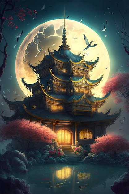 Ein Haus im chinesischen Stil mit einem Mond im Hintergrund