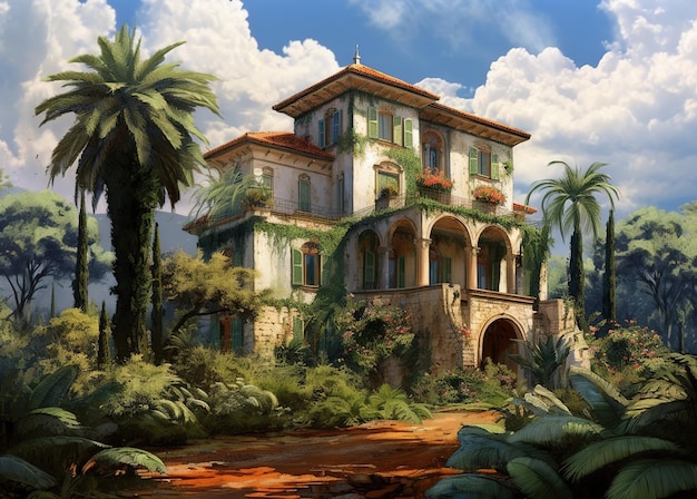 Ein Haus im Dschungel mit einer Palme im Hintergrund.