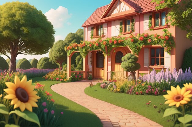 Ein Haus im Garten mit Blumen auf dem Boden