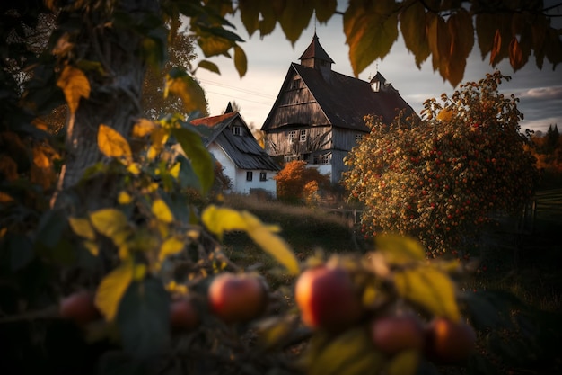 Ein Haus im Herbst mit einem Baum im Vordergrund und einem Haus im Hintergrund