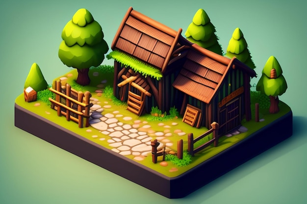 Ein Haus im Low-Poly-Stil mit einem Baum und einem Zaun.