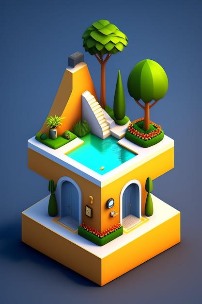 Ein Haus im Low-Poly-Stil mit Pool und Bäumen.