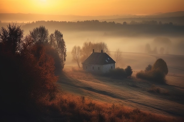 Ein Haus im Nebel bei Sonnenuntergang