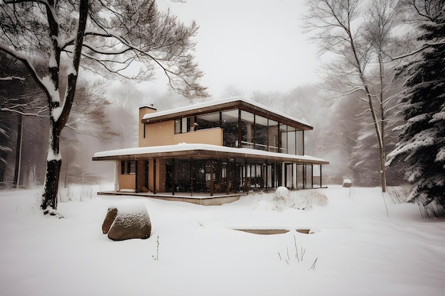 Ein Haus im Schnee mit einem großen Felsen in der Mitte