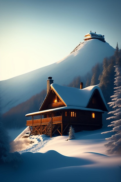Ein Haus im Schnee mit einem schneebedeckten Berg im Hintergrund