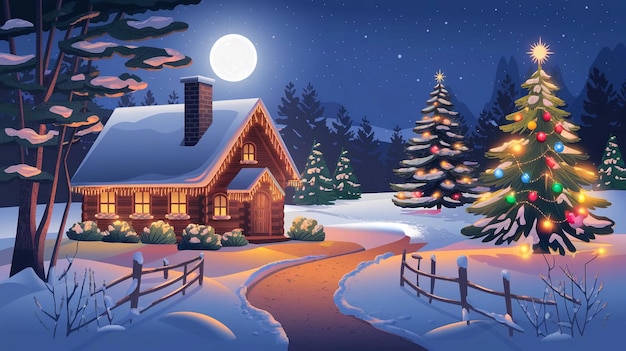 ein Haus im Schnee mit einem Vollmond im Hintergrund