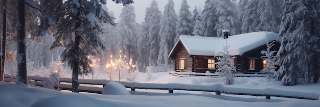 Ein Haus im Schnee mit eingeschaltetem Licht