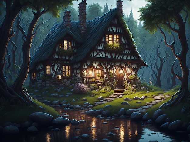 Ein Haus im Wald am Fluss