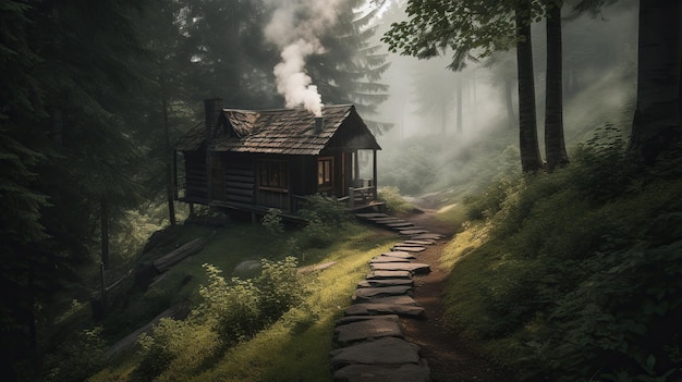 Ein Haus im Wald, aus dem Rauch aufsteigt