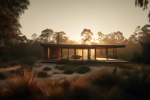 Ein Haus im Wald bei Sonnenuntergang