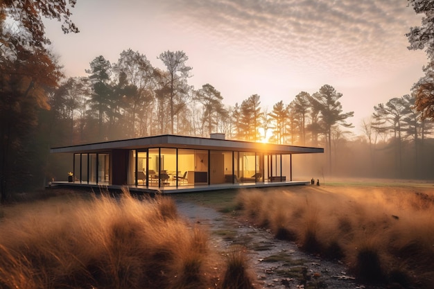 Ein Haus im Wald, hinter dem die Sonne untergeht