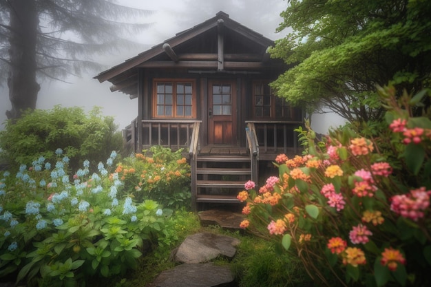 Ein Haus im Wald mit Blumen im Vordergrund