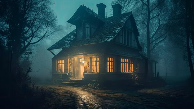 Ein Haus im Wald mit einem beleuchteten Fenster