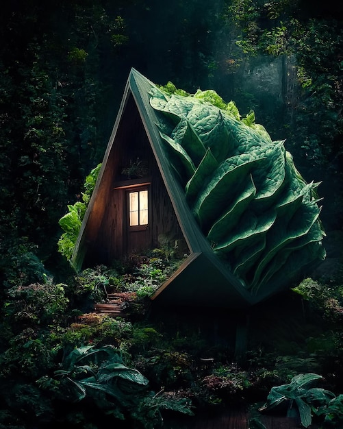 Ein Haus im Wald mit einem großen Blatt auf der Vorderseite