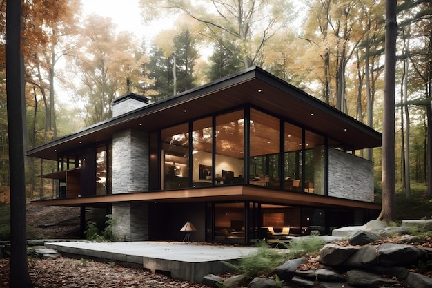 Ein Haus im Wald mit einem großen Fenster, auf dessen Seite "Zuhause" steht.