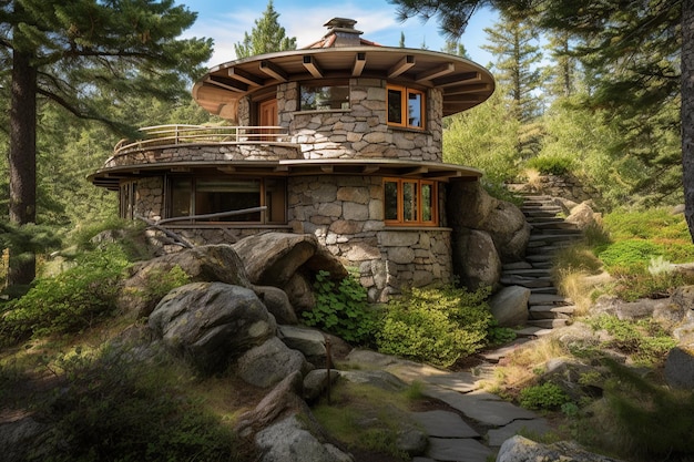 Ein Haus im Wald mit einem Steindach und einer Steintreppe.