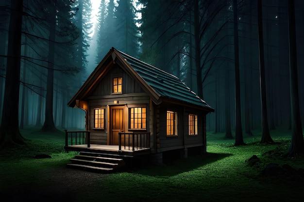 Ein Haus im Wald mit eingeschaltetem Licht