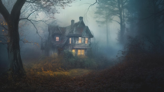 Ein Haus im Wald mit eingeschaltetem Licht