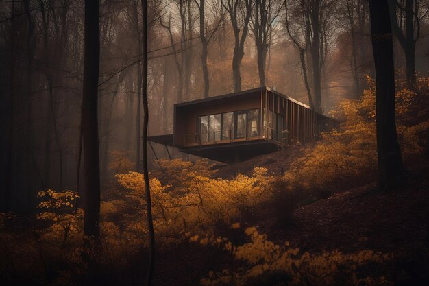 Ein Haus im Wald mit gelbem Hintergrund