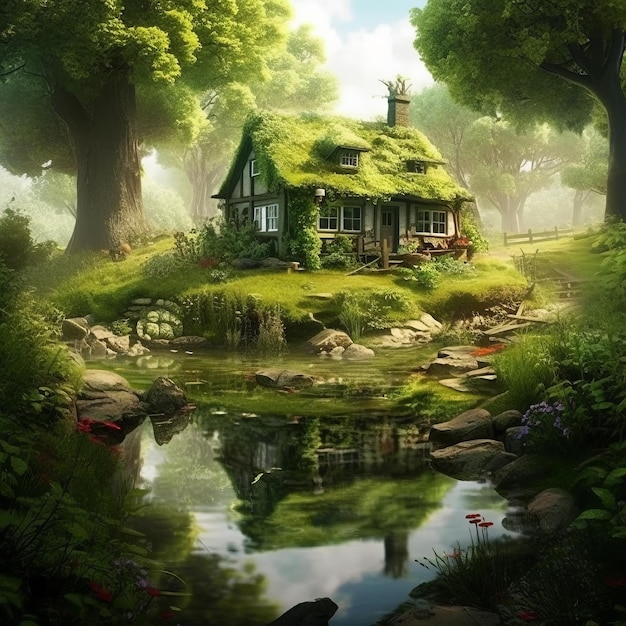 Ein Haus im Wald mit grünem Dach und Teich.