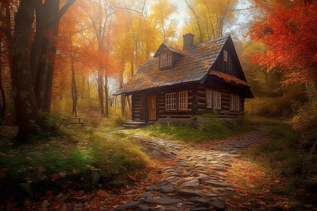 Ein Haus im Wald mit Herbstblättern