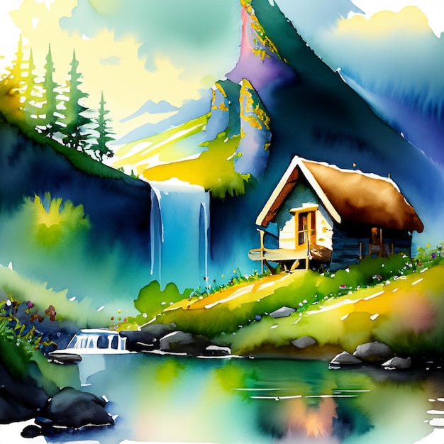 Ein Haus in der Landschaft hinter dem Wasserfall mit Aquarellmalerei