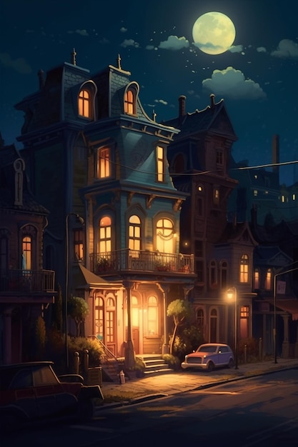 Ein Haus in der Nacht mit einem davor geparkten Auto.