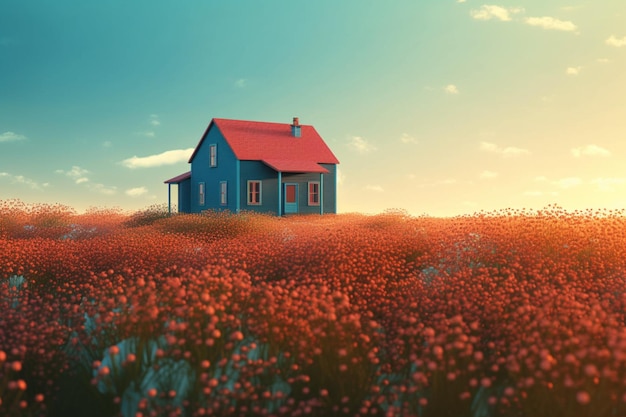 Ein Haus in einem Blumenfeld mit einem blauen Dach und einem roten Dach.