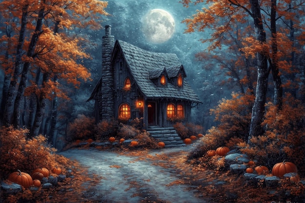 Ein Haus in einem dunklen Herbstwald in der Halloween-Nacht Illustration