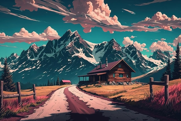 Ein Haus in einem Feld mit Bergen im Hintergrund