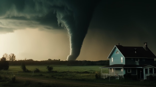 Ein Haus in einem Feld mit einem Tornado auf der linken Seite