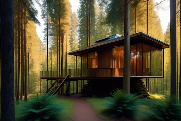 Ein Haus in einem Wald mit einem Baum im Hintergrund