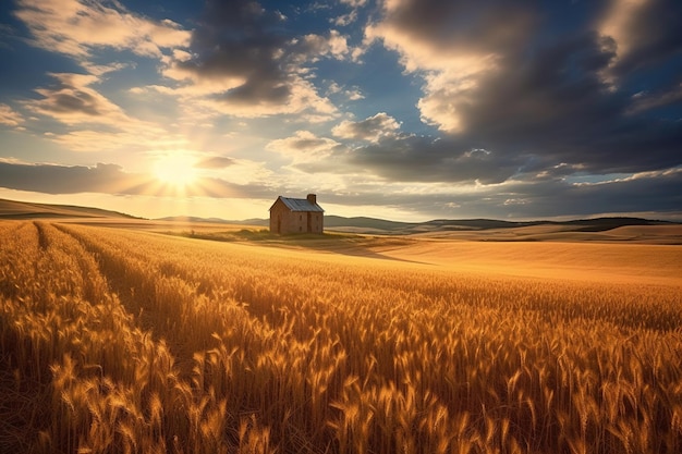 Ein Haus in einem Weizenfeld, am Horizont scheint die Sonne.