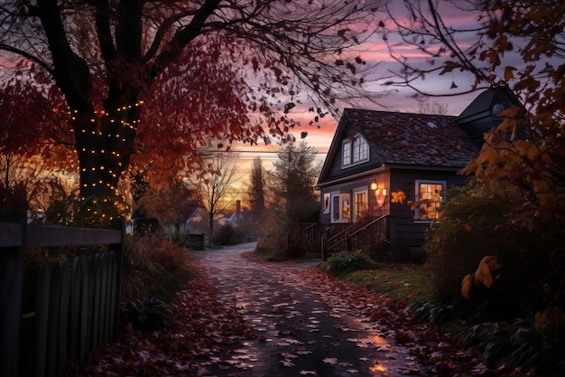 Ein Haus ist bei Sonnenuntergang von Herbstblättern umgeben