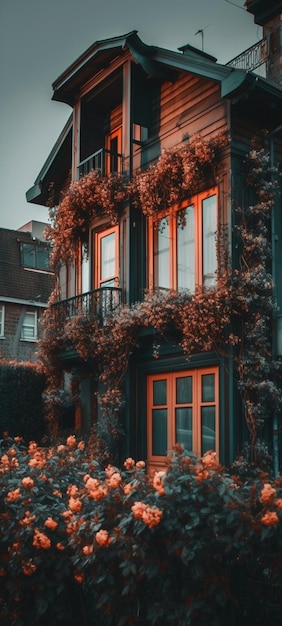 Ein Haus mit Balkon und Blumen auf dem Balkon