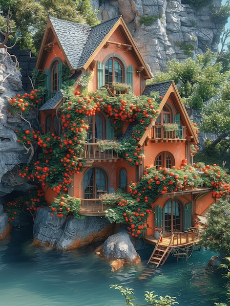 Ein Haus mit Blumen, die an der Seite wachsen