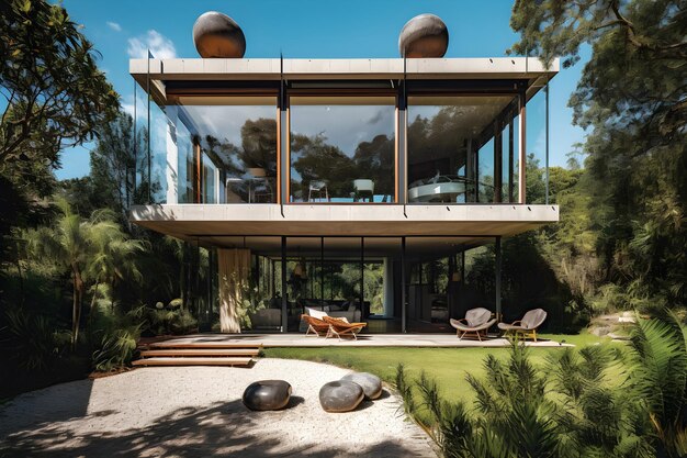 Ein Haus mit einem Garten im Vordergrund und einem großen Glashaus im Hintergrund.