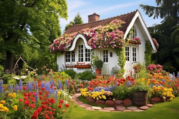 Ein Haus mit einem Garten voller Blumen