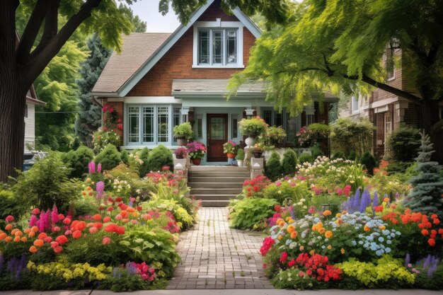 Ein Haus mit einem Gartenweg und Blumen.