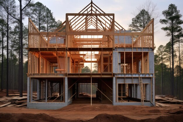 Ein Haus mit einem Holzdach, in dem sich ein Haus im Bau befindet.