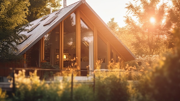 Foto ein haus mit einem holzdach und einem großen fenster mit den zahlen 10 und 7 darauf.