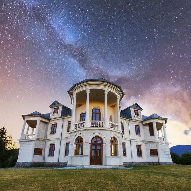 ein Haus mit einem mit Sternen gefüllten Himmel und einem Haus mit einem Balkon