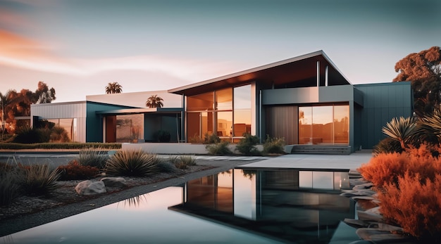 Ein Haus mit einem Pool im Vordergrund und einem Haus im Hintergrund.