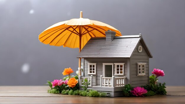 ein Haus mit einem Regenschirm, auf dem steht: